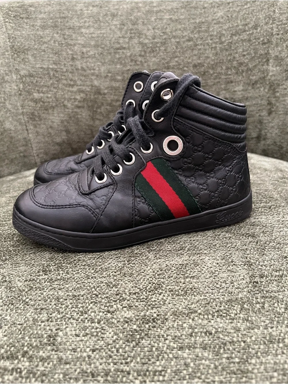Gucci Boys Black High Top Sneakers GG Guccissima Web size 29 Stripe Lace Up
